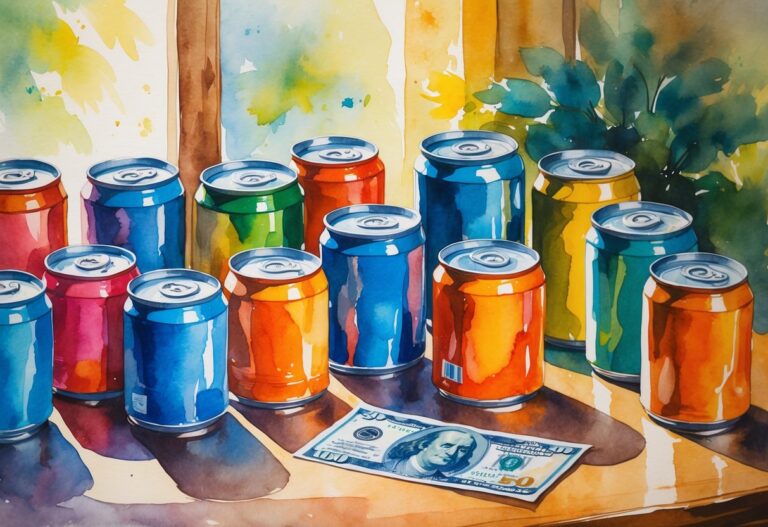 Vários latinhas coloridas dispostas sobre uma mesa de madeira com uma nota de 50 reais ao lado.