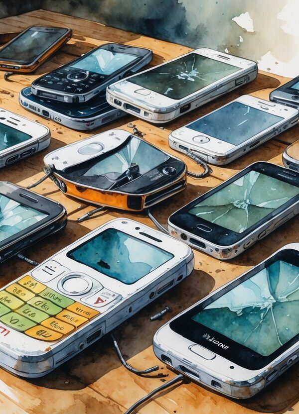 Mesa com vários celulares antigos e quebrados espalhados, mostrando telas rachadas e botões faltando.