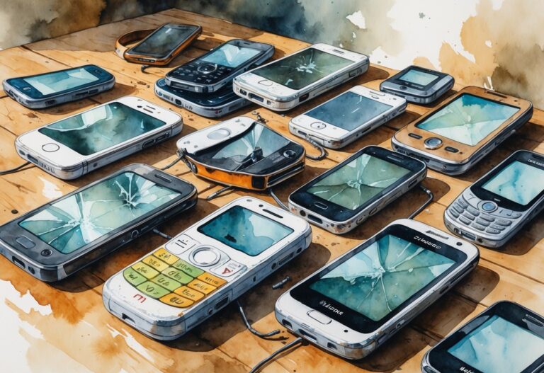 Mesa com vários celulares antigos e quebrados espalhados, mostrando telas rachadas e botões faltando.