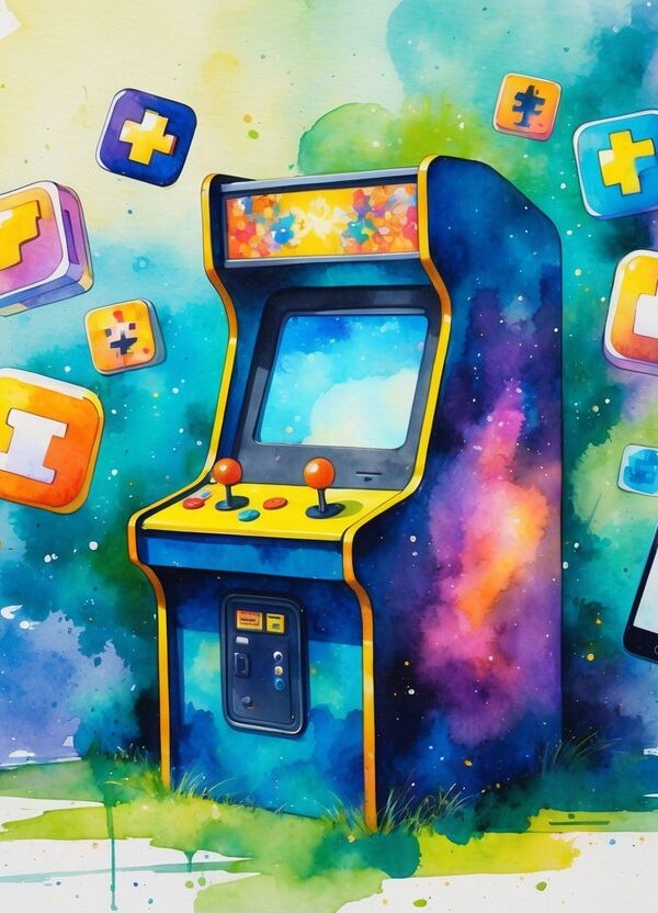 Uma máquina de arcade vintage colorida cercada por ícones de jogos antigos e um smartphone exibindo uma tela de jogo.