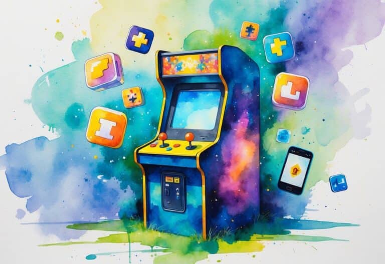 Uma máquina de arcade vintage colorida cercada por ícones de jogos antigos e um smartphone exibindo uma tela de jogo.