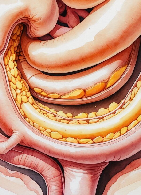 Vista em corte do estômago mostrando o piloro aberto permitindo a passagem de alimentos para o intestino delgado.