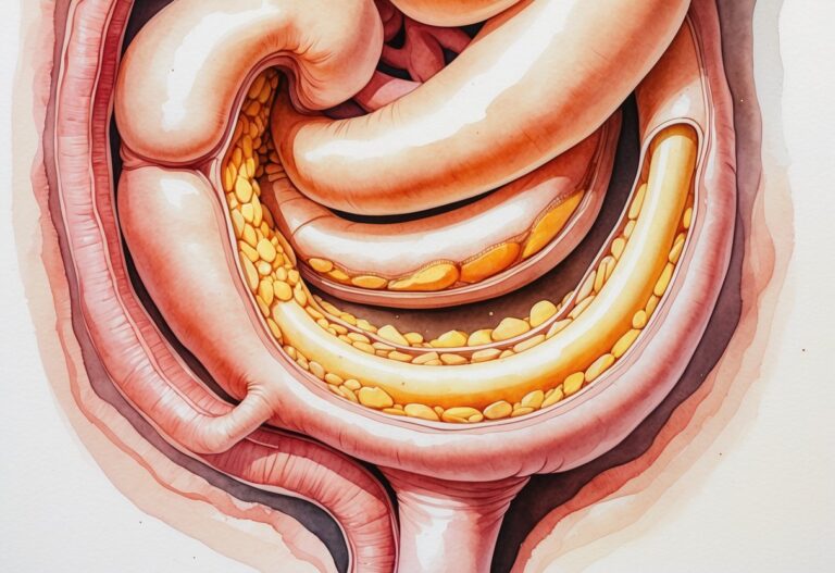 Vista em corte do estômago mostrando o piloro aberto permitindo a passagem de alimentos para o intestino delgado.