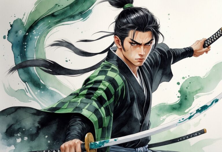 Um jovem guerreiro com cabelo escuro preso, vestindo uma roupa tradicional verde e preta, segurando uma espada em uma pose confiante, com elementos de água ao fundo.