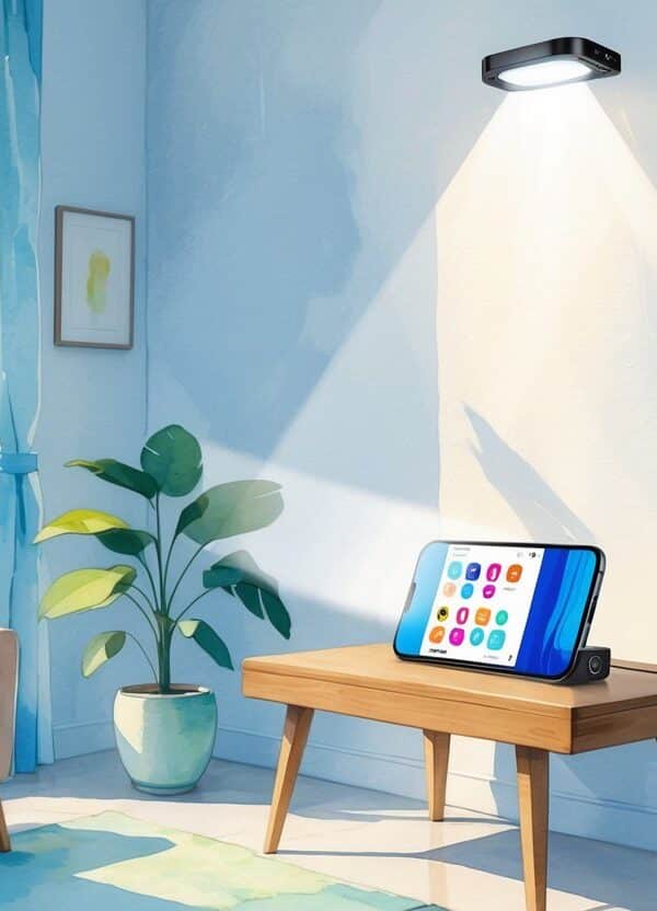 Um smartphone projetando sua tela colorida em uma parede branca dentro de uma sala aconchegante.