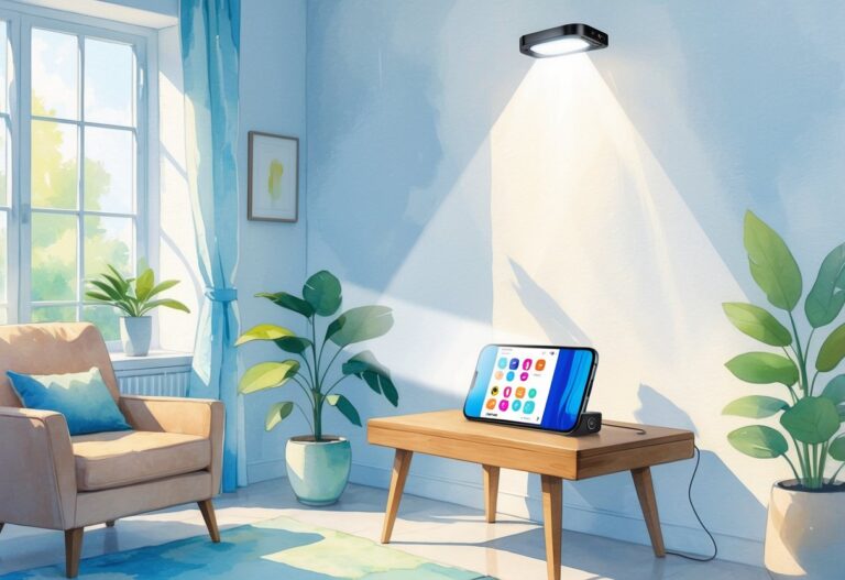 Um smartphone projetando sua tela colorida em uma parede branca dentro de uma sala aconchegante.