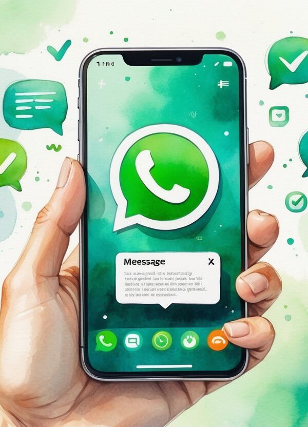 Uma mão segurando um smartphone com a tela mostrando um aplicativo de mensagens, cercado por ícones de comunicação em um fundo suave.