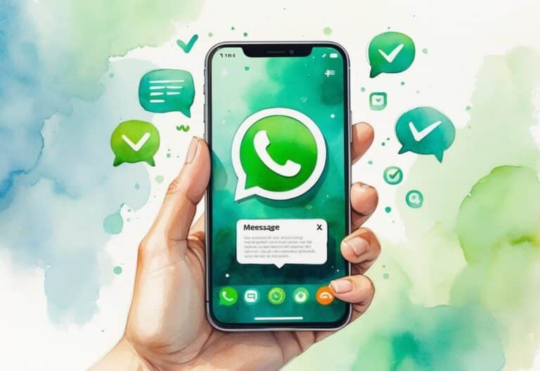 Uma mão segurando um smartphone com a tela mostrando um aplicativo de mensagens, cercado por ícones de comunicação em um fundo suave.