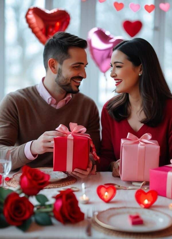Casal sorrindo e trocando presentes em uma mesa decorada para o Dia dos Namorados, com rosas vermelhas e velas em um ambiente aconchegante.