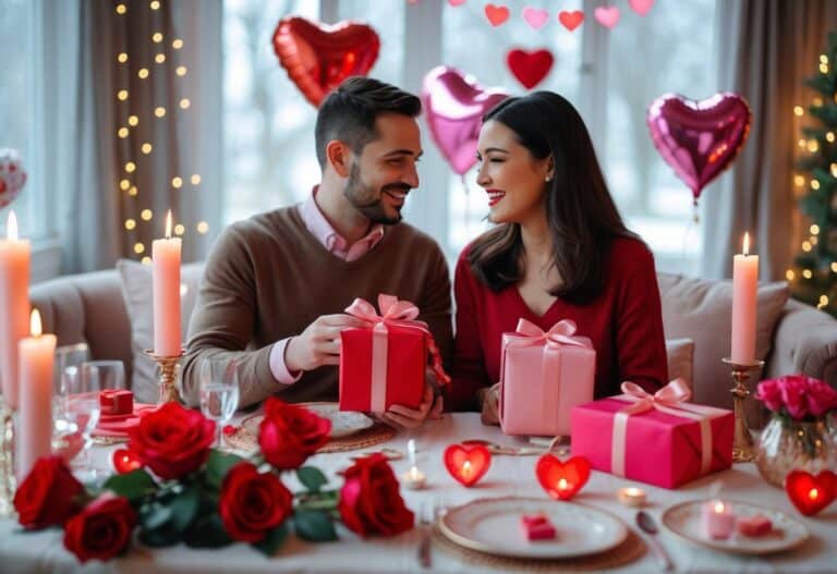 Casal sorrindo e trocando presentes em uma mesa decorada para o Dia dos Namorados, com rosas vermelhas e velas em um ambiente aconchegante.