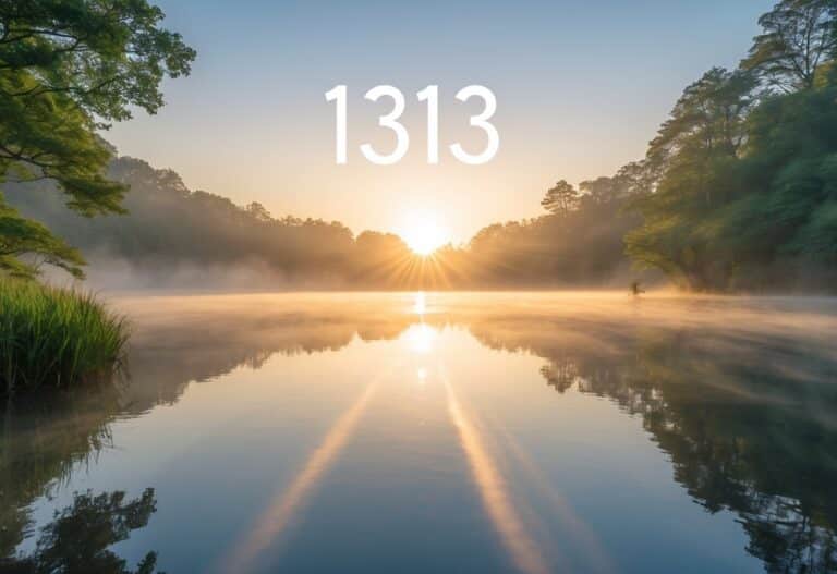 Lago calmo ao nascer do sol cercado por vegetação verde com luz suave e névoa, transmitindo uma sensação de paz e espiritualidade.