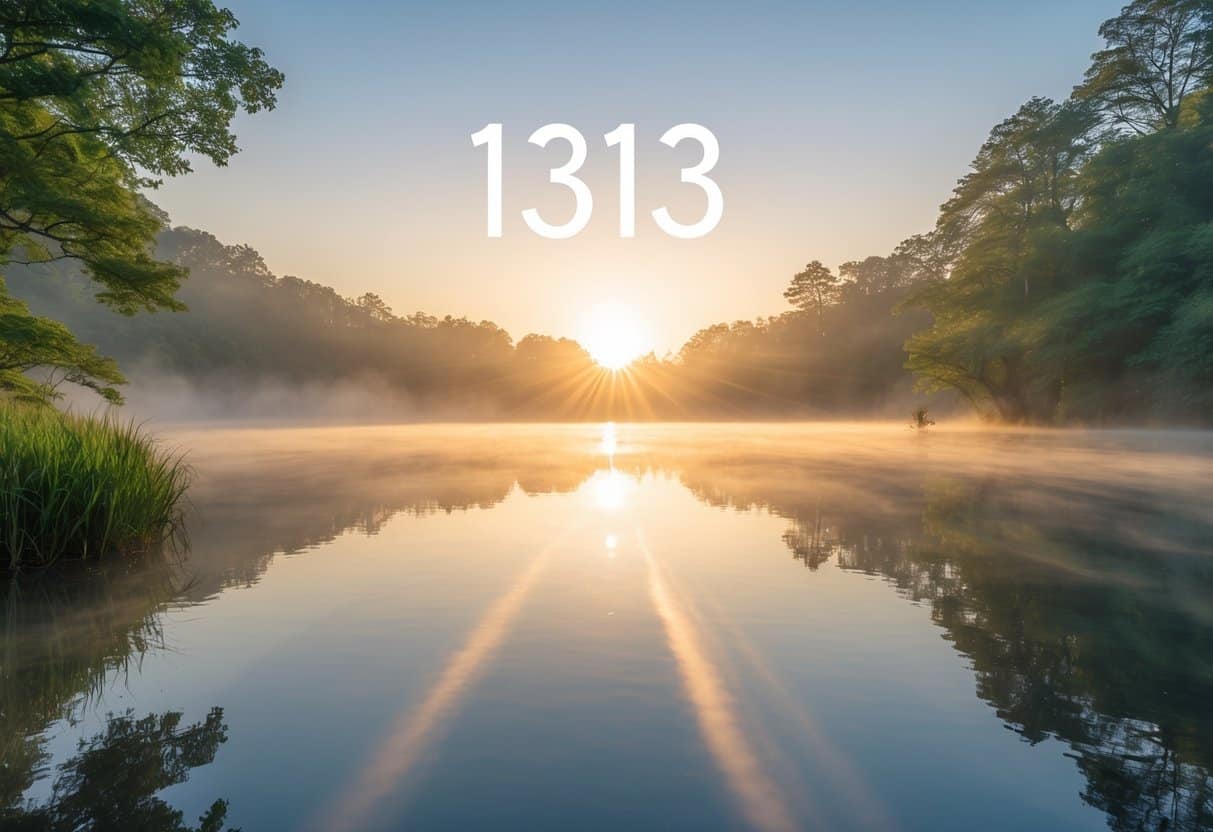 Lago calmo ao nascer do sol cercado por vegetação verde com luz suave e névoa, transmitindo uma sensação de paz e espiritualidade.