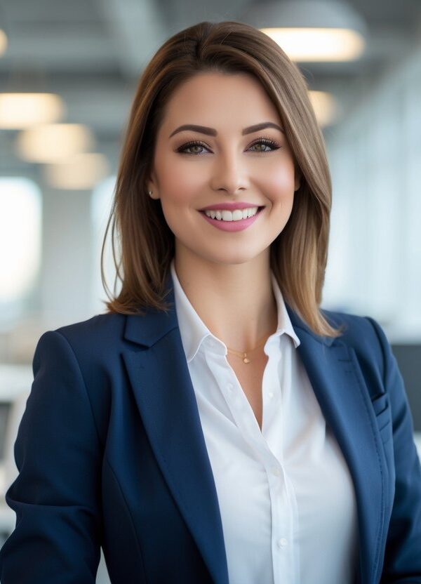 Mulher jovem e confiante em um escritório moderno, sorrindo para a câmera.