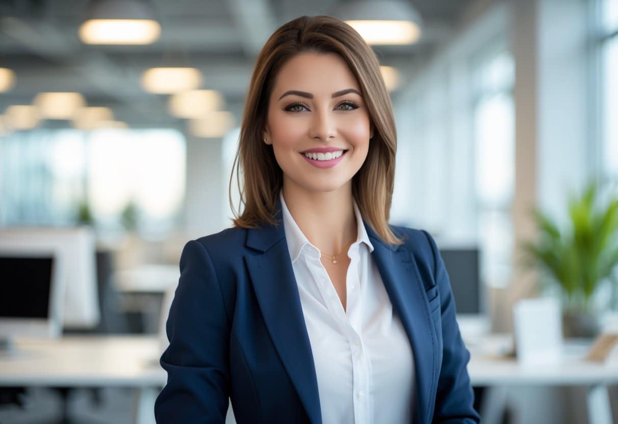 Mulher jovem e confiante em um escritório moderno, sorrindo para a câmera.