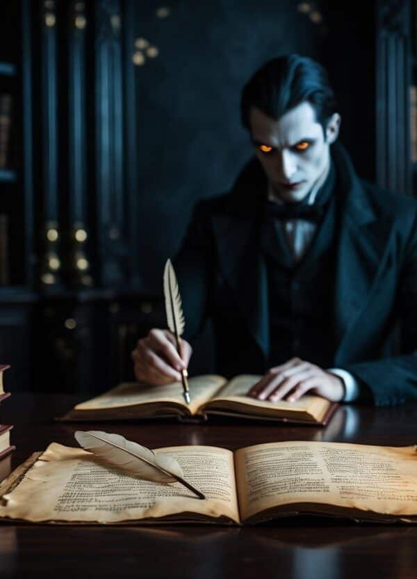 Uma sala escura e elegante com uma estante de livros antigos, uma mesa de madeira com pergaminho aberto e uma pena, iluminada por velas, com a silhueta de uma pessoa de pele pálida ao fundo.