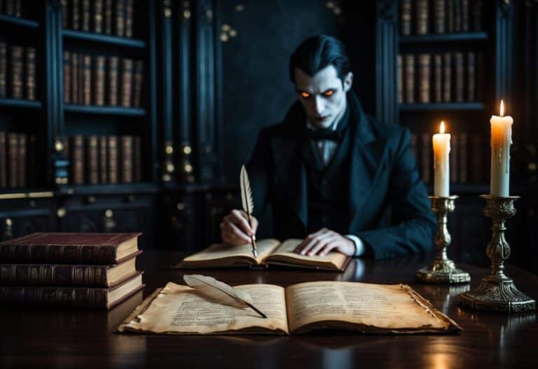 Uma sala escura e elegante com uma estante de livros antigos, uma mesa de madeira com pergaminho aberto e uma pena, iluminada por velas, com a silhueta de uma pessoa de pele pálida ao fundo.