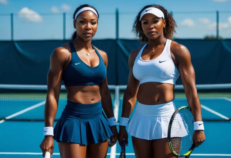 Duas mulheres atléticas em uma quadra de tênis, vestindo roupas esportivas, segurando raquetes e olhando para frente com expressão confiante.