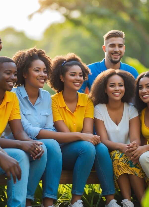Grupo de jovens e adolescentes sorrindo juntos ao ar livre em um ambiente natural e verde.