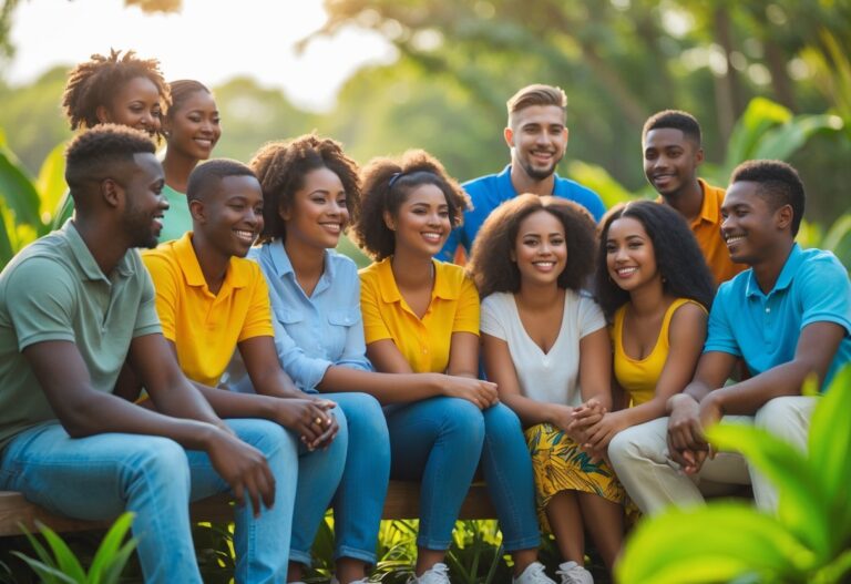 Grupo de jovens e adolescentes sorrindo juntos ao ar livre em um ambiente natural e verde.