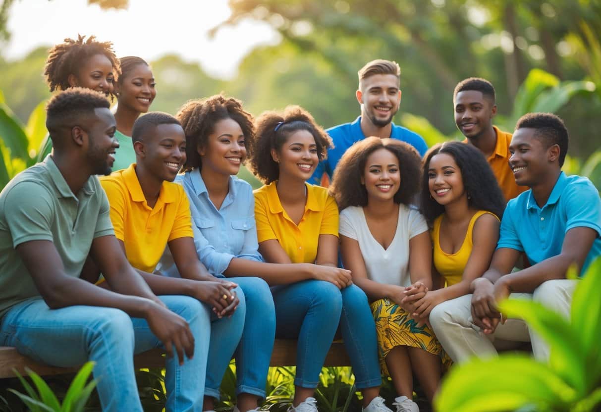 Grupo de jovens e adolescentes sorrindo juntos ao ar livre em um ambiente natural e verde.
