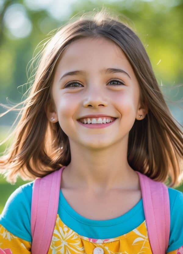 Menina jovem sorrindo em um parque ensolarado, com cabelo castanho e roupa colorida.