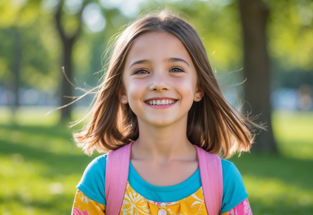 Menina jovem sorrindo em um parque ensolarado, com cabelo castanho e roupa colorida.