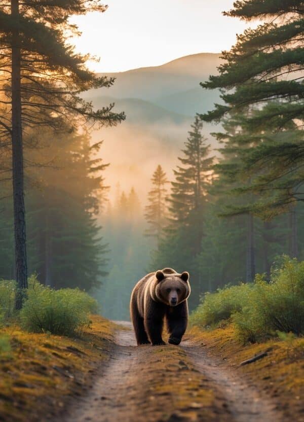 Urso marrom caminhando calmamente por uma trilha em uma floresta ao amanhecer, com árvores altas e luz suave do sol.