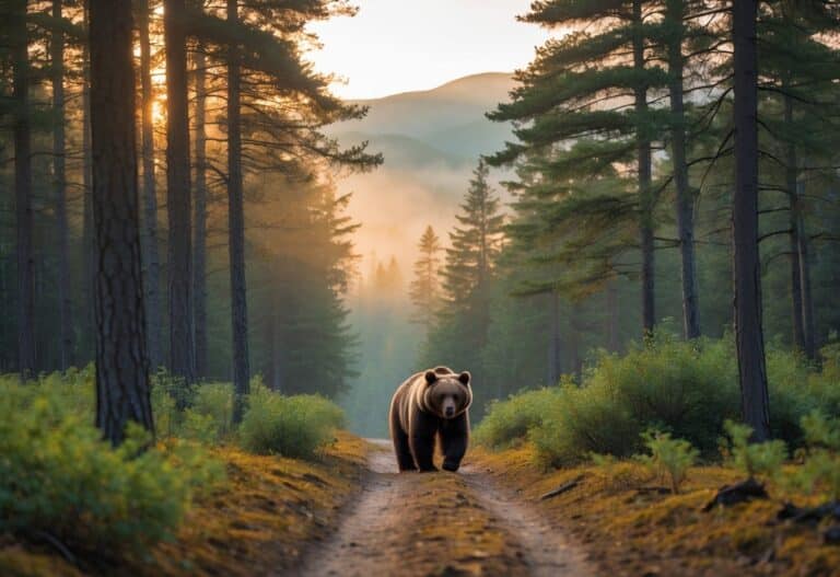 Urso marrom caminhando calmamente por uma trilha em uma floresta ao amanhecer, com árvores altas e luz suave do sol.