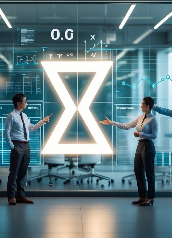 Profissionais reunidos em um escritório moderno discutindo gráficos e fórmulas matemáticas com o símbolo sigma destacado em um quadro de vidro.