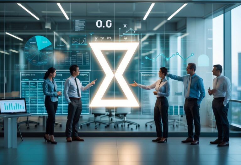 Profissionais reunidos em um escritório moderno discutindo gráficos e fórmulas matemáticas com o símbolo sigma destacado em um quadro de vidro.