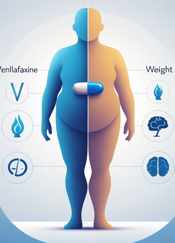 Ilustração mostrando uma silhueta humana dividida em duas, com um lado de tamanho normal e o outro maior, ao centro uma pílula de venlafaxina, com ícones representando metabolismo, apetite e humor ao redor.