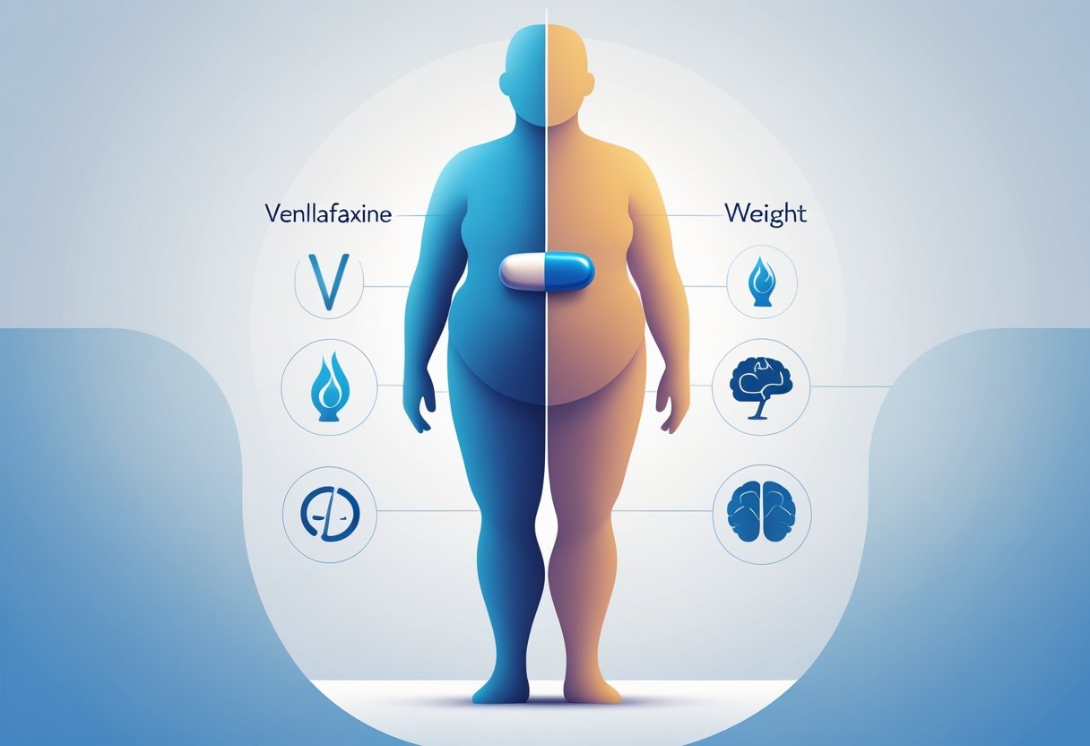 Ilustração mostrando uma silhueta humana dividida em duas, com um lado de tamanho normal e o outro maior, ao centro uma pílula de venlafaxina, com ícones representando metabolismo, apetite e humor ao redor.