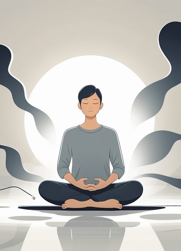 Pessoa sentada em posição de meditação com olhos fechados, cercada por sombras escuras que desaparecem, transmitindo paz interior e clareza mental.