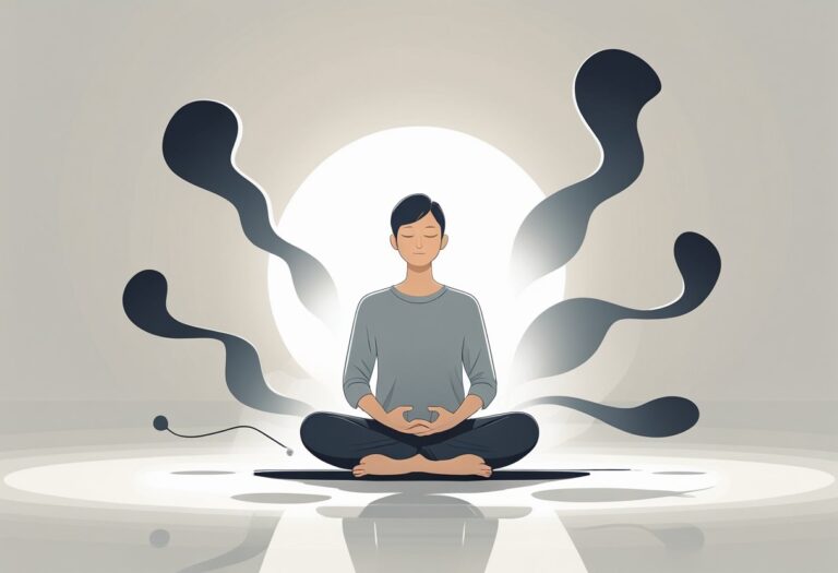Pessoa sentada em posição de meditação com olhos fechados, cercada por sombras escuras que desaparecem, transmitindo paz interior e clareza mental.