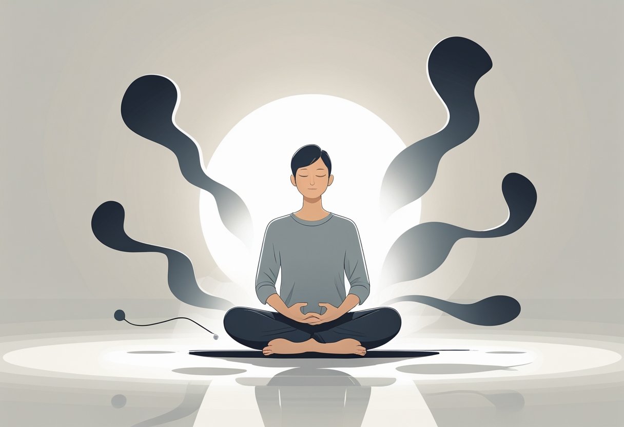 Pessoa sentada em posição de meditação com olhos fechados, cercada por sombras escuras que desaparecem, transmitindo paz interior e clareza mental.