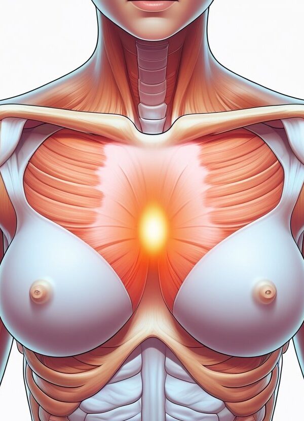 Ilustração médica mostrando a parte superior do torso de uma mulher com destaque em vermelho abaixo da mama esquerda para indicar dor.