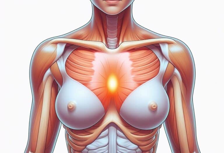Ilustração médica mostrando a parte superior do torso de uma mulher com destaque em vermelho abaixo da mama esquerda para indicar dor.