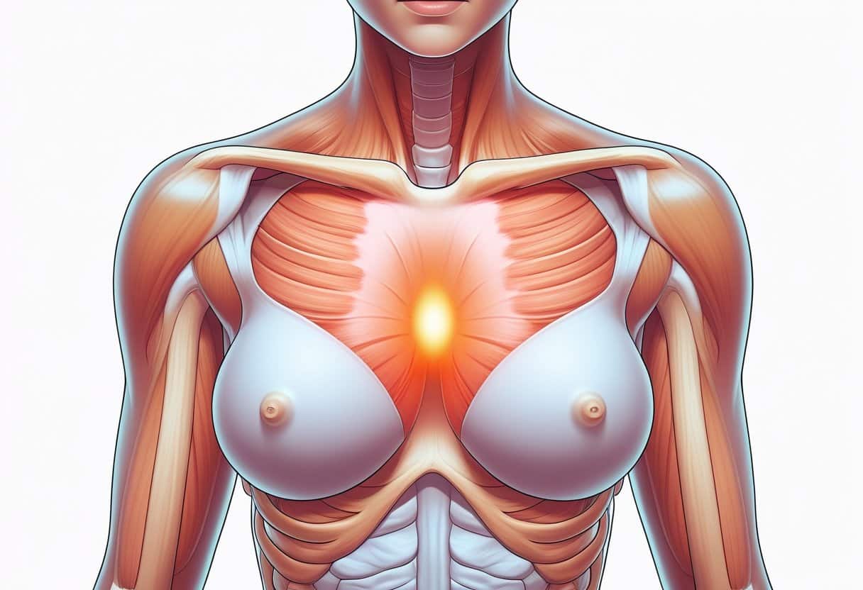 Ilustração médica mostrando a parte superior do torso de uma mulher com destaque em vermelho abaixo da mama esquerda para indicar dor.