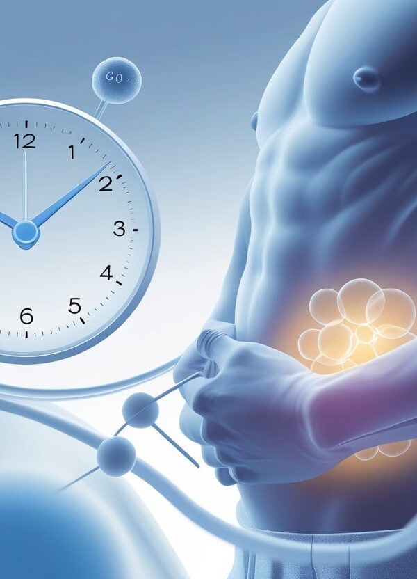 Ilustração mostrando um homem com destaque na região abdominal e um relógio indicando o tempo de ação do medicamento.