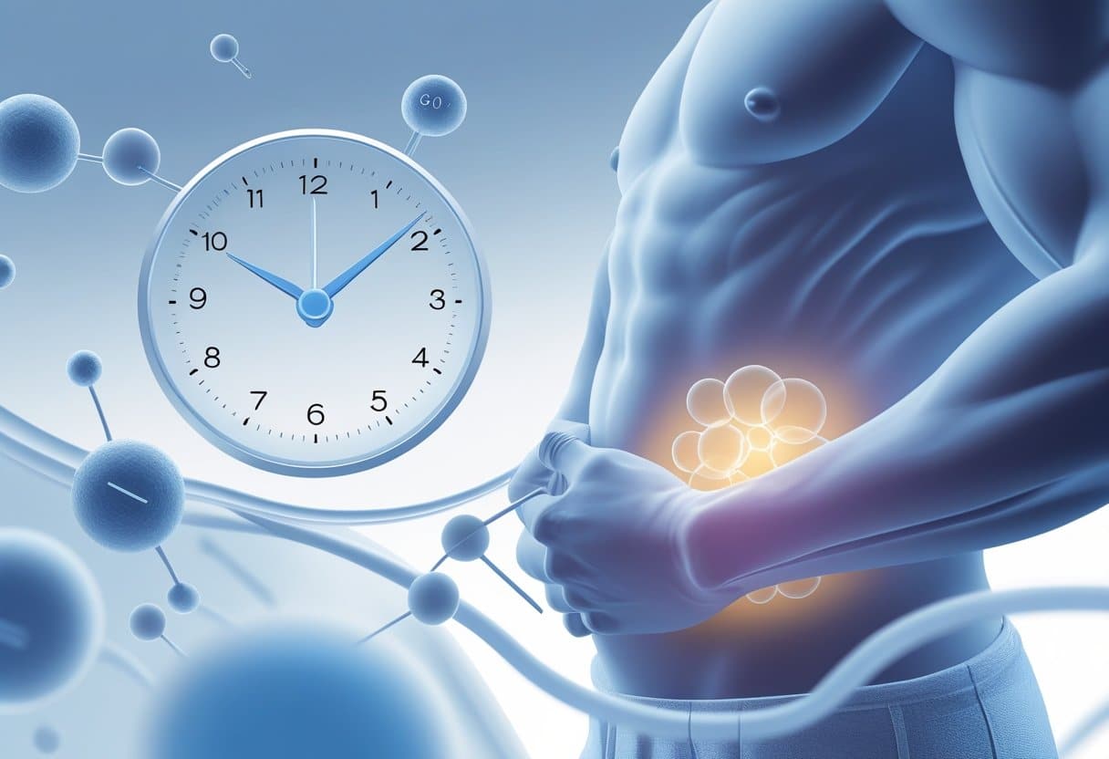 Ilustração mostrando um homem com destaque na região abdominal e um relógio indicando o tempo de ação do medicamento.