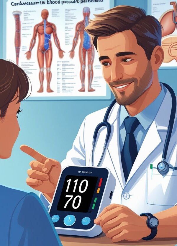 Um médico explicando para um paciente a leitura de pressão arterial em um monitor digital que mostra 110 por 70.