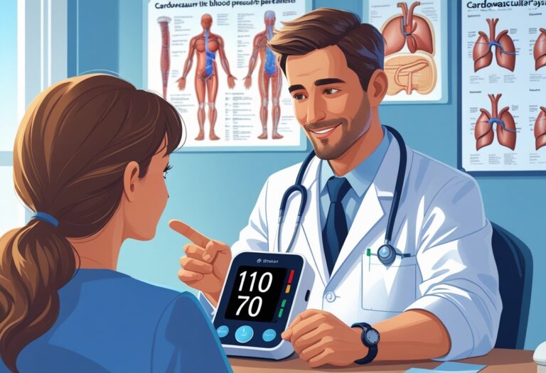 Um médico explicando para um paciente a leitura de pressão arterial em um monitor digital que mostra 110 por 70.