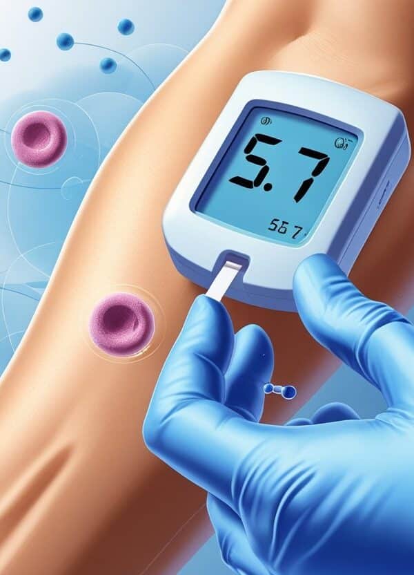 Braço humano recebendo teste de glicose no sangue com um medidor mostrando o número 5,7 e elementos gráficos de células sanguíneas ao redor.