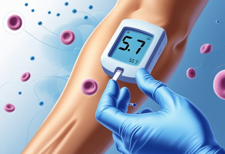 Braço humano recebendo teste de glicose no sangue com um medidor mostrando o número 5,7 e elementos gráficos de células sanguíneas ao redor.