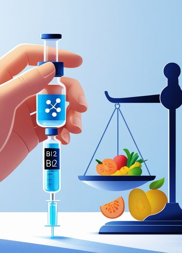 Uma ilustração mostrando uma mão segurando uma seringa com líquido, uma balança equilibrando alimentos saudáveis e uma silhueta humana com ícone de peso.