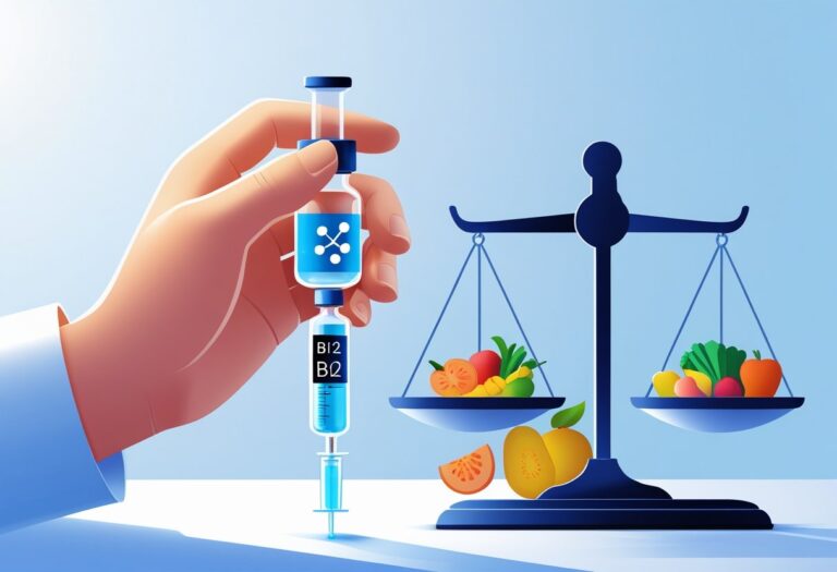 Uma ilustração mostrando uma mão segurando uma seringa com líquido, uma balança equilibrando alimentos saudáveis e uma silhueta humana com ícone de peso.