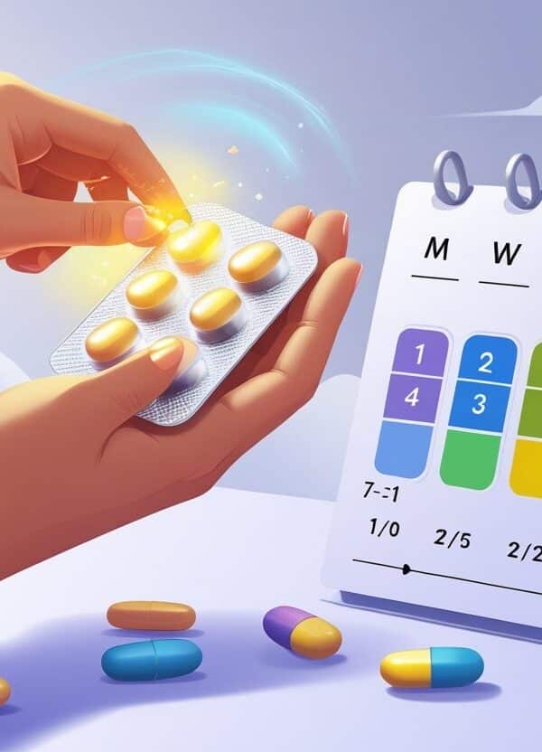 Mão segurando cartela de pílulas anticoncepcionais ao lado de um calendário destacando os primeiros dias para mostrar o tempo que o anticoncepcional leva para fazer efeito.
