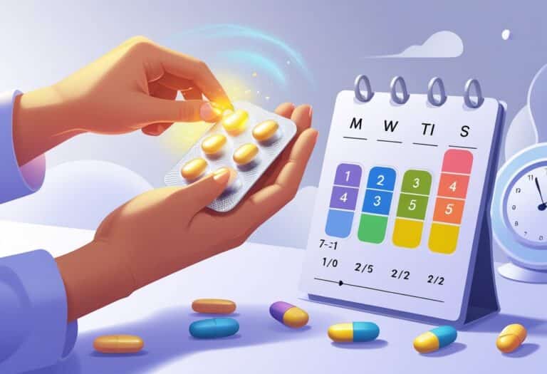 Mão segurando cartela de pílulas anticoncepcionais ao lado de um calendário destacando os primeiros dias para mostrar o tempo que o anticoncepcional leva para fazer efeito.