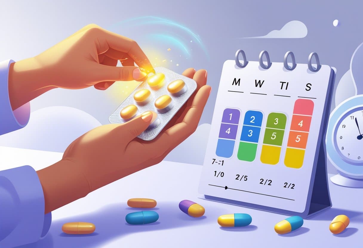 Mão segurando cartela de pílulas anticoncepcionais ao lado de um calendário destacando os primeiros dias para mostrar o tempo que o anticoncepcional leva para fazer efeito.