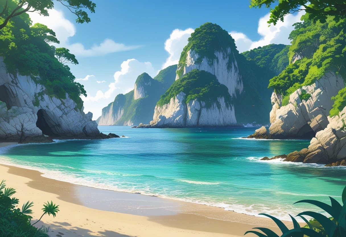 Praia do Secreto no Rio de Janeiro, uma pequena praia escondida entre penhascos rochosos com vegetação verde, águas cristalinas e céu claro.